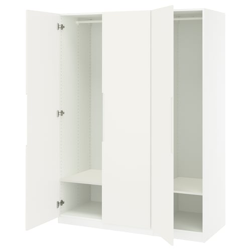 An open white ikea PAX wardrobe with shelves and hinges.