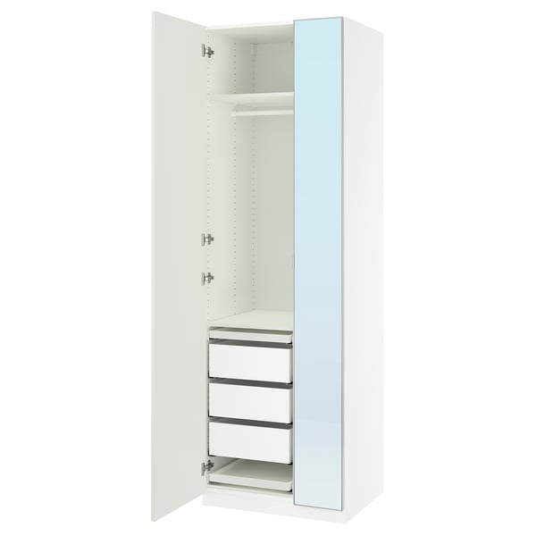 Open white wardrobe with sliding mirror door, 4 drawers and shelves.
