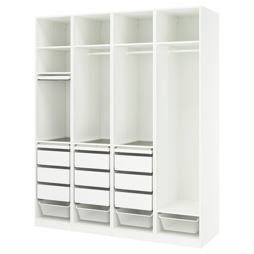 IKEA PAX: white, 4-section closet, open style, glass shelves, cloth hangers, pull-out trays.
