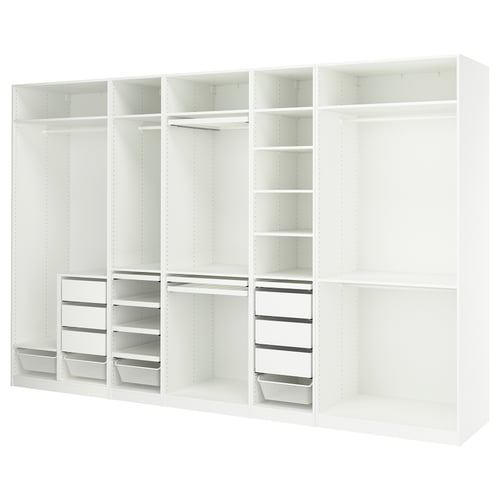 White IKEA PAX wardrobe with shelves, drawers, and hanging space.