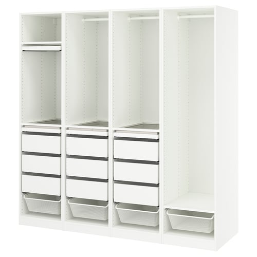 A white PAX wardrobe with adjustable shelves, hanging rails, and drawers. It includes mesh baskets and an insert for jewellery.