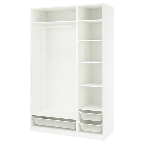 White PAX wardrobe with shelves and mesh baskets for storage.