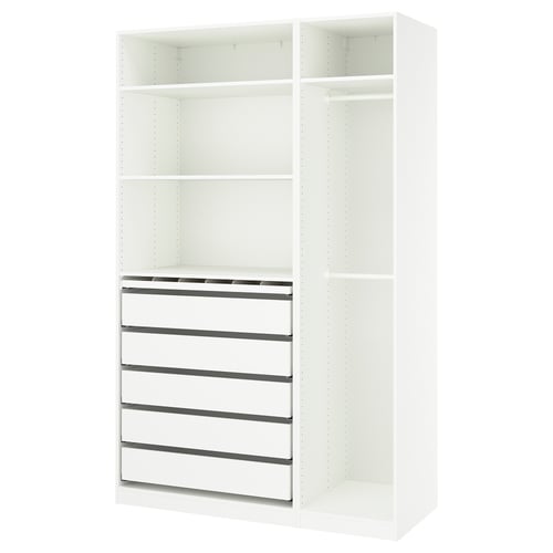 A white, modern PAX wardrobe with adjustable shelves and drawers designed for efficient organisation.