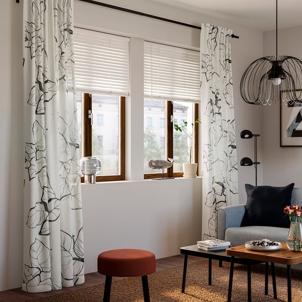 PELARKÖRSBÄR Curtains, 1 pair, white/black floral pattern/with heading tape, 57x98 "