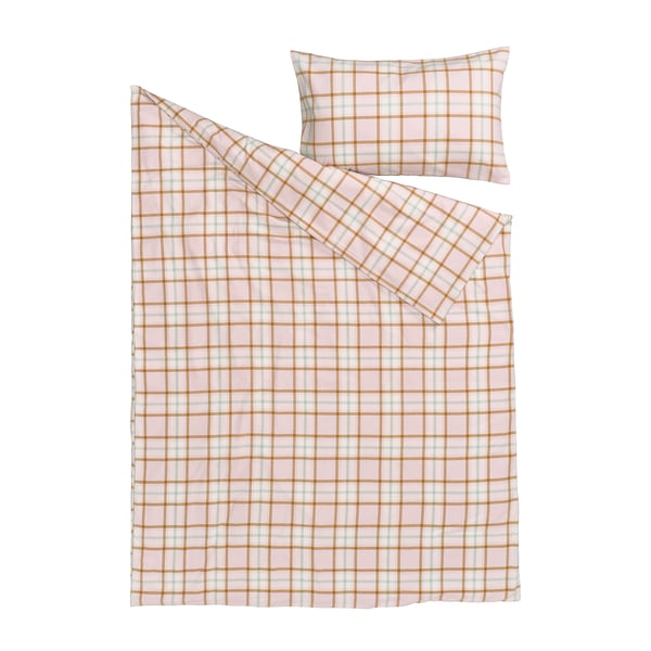 PEROVSKIA bedding set, pink and beige chequered pattern, square and rectangular shapes, 100% cotton.
