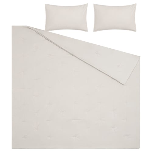 Beige bedding set, includes duvet cover & pillowcases, dot-quilted, cotton/linen blend.