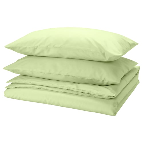 Green PILTANDVINGE bedding set with 2 pillows, smooth polyester-viscose blend, neatly folded.