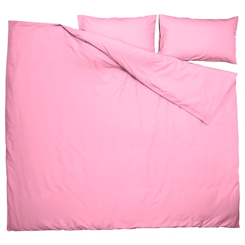Bright pink bedding set featuring duvet cover and pillowcases, smooth and wrinkle-free.