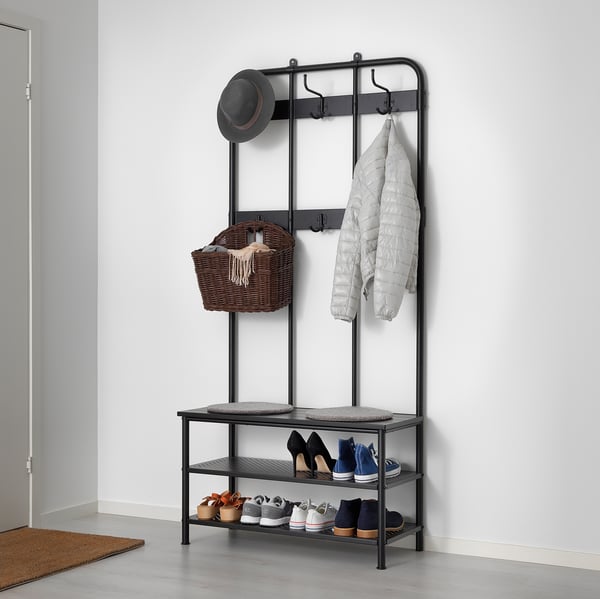 PINNIG Coat rack with shoe storage bench - black - IKEA