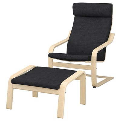 Black POÄNG recliner and ottoman. Light wood frame, cushioned seats, cosy design.