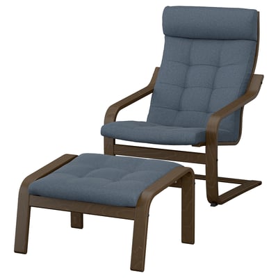 A blue POÄNG armchair and footstool with wooden frames and cushions.