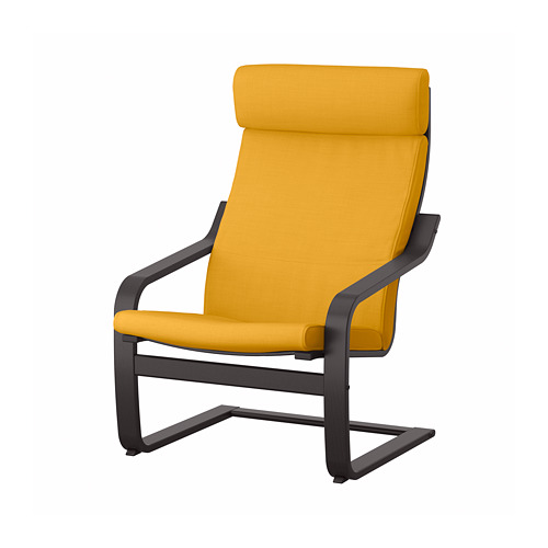 Modern yellow fabric armchair with black metal frame, curved back and armrests.