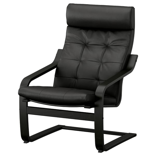 POÄNG armchair, black leather, curved wooden frame, padded back & seat, comfortable, modern design.