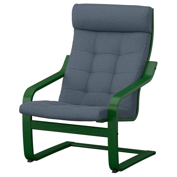 Modern ergonomic chair, green metal frame, grey cushions, curved lines, comfortable support.