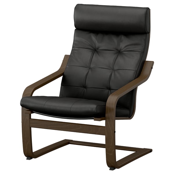 Poang armchair: black leather, curved wooden frame, high back, padded for comfort.