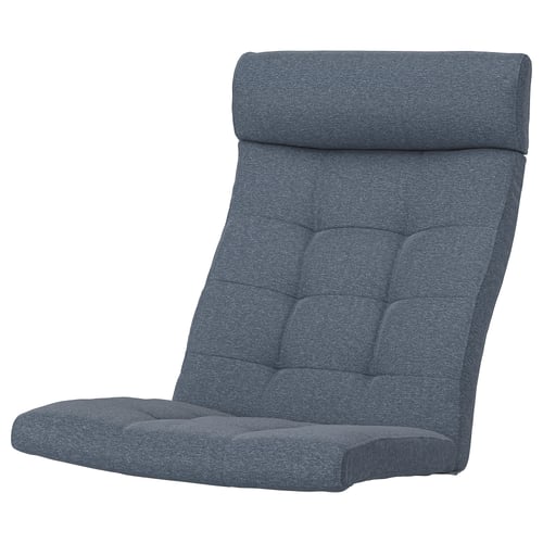 A blue POÄNG cushioned chair with a tufted design and a rolled headrest.