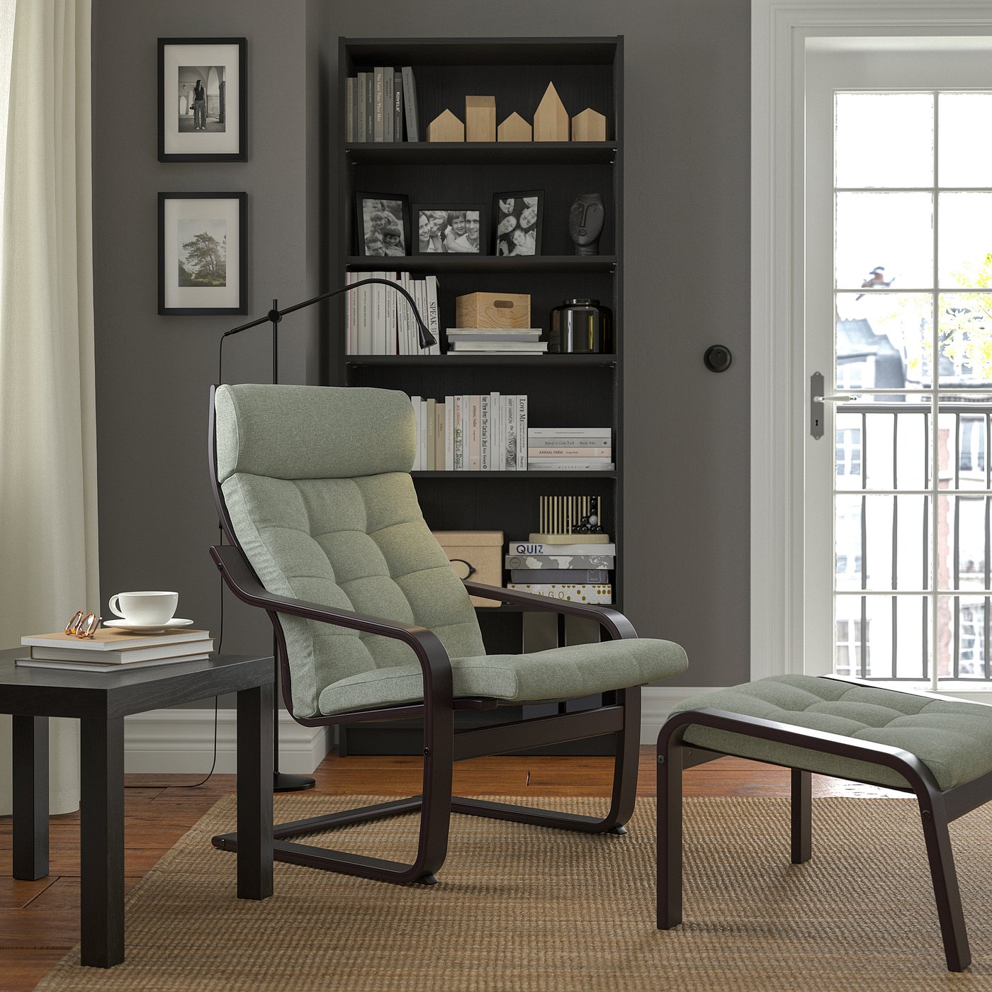 POÄNG ottoman, black-brown/Gunnared light green - IKEA