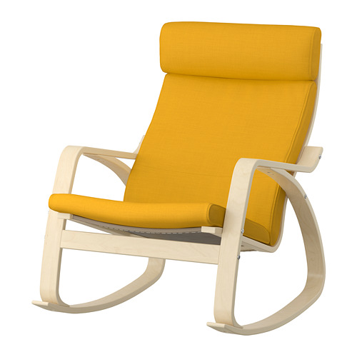 Bright yellow POÄNG rocking chair. Light wood frame, curved design, comfy cushions.