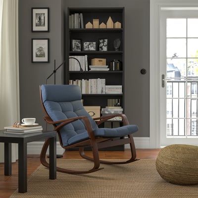 POÄNG Rocking chair, brown/Gunnared blue