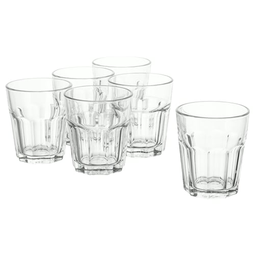 Six clear, transparent glasses in varied sizes with a classic, ridged design. Made of toughened glass. Perfect for beverages of any temperature.