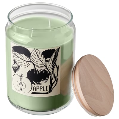 PRAKTHÄGER Scented cndl in glass w lid/2 wicks, Apple light green, 100 hr