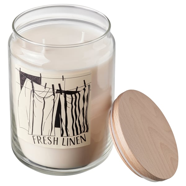 PRAKTHÄGER Scented cndl in glass w lid/2 wicks, Fresh linen white, 100 hr