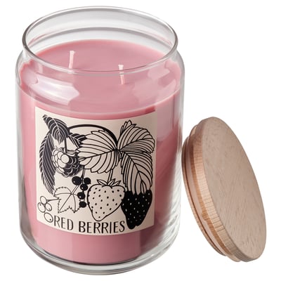 PRAKTHÄGER Scented cndl in glass w lid/2 wicks, Red berries light pink, 100 hr