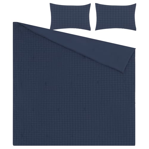 Dark blue RÄVSTARR bedding set with chequered pattern, including a comforter and two pillows.