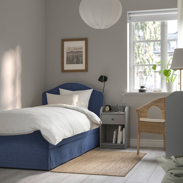 RAMNEFJÄLL Upholstered bed frame, Kilanda dark blue/Luröy, Twin