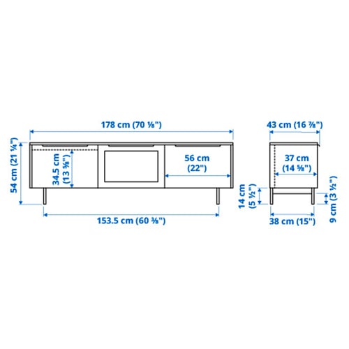 RANNÄS TV unit with doors, black/black glass, 701/8x161/2" IKEA