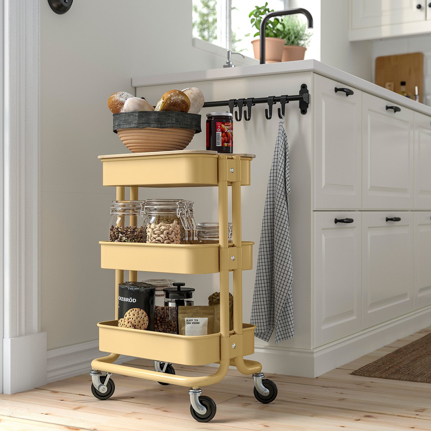 RÅSKOG / NORRÅVA trolley with lid, beige-yellow, 11x15x24