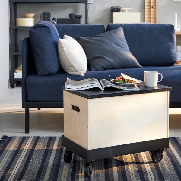 RÅVAROR Coffee/side table on casters - birch plywood/black ...