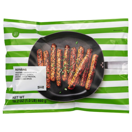 IKEAs refräng vegetable sausages on packaging. Green and white bag with cooked sausages on the front.