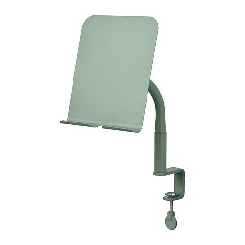 Green RELATERA tablet holder, angled stand, adjustable clamp.