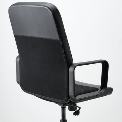 Modern office chair with mesh back, armrests, and adjustable height. Light grey and black, supportive and stylish.