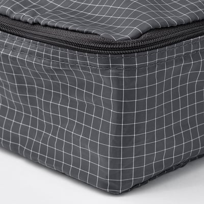 Grey zippered bag with grid pattern, showing sturdy stitching and quality material.
