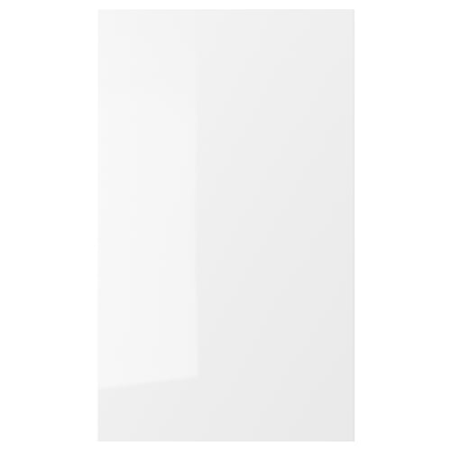 A white, glossy kitchen cabinet door with straight lines, part of the RINGHULT series.