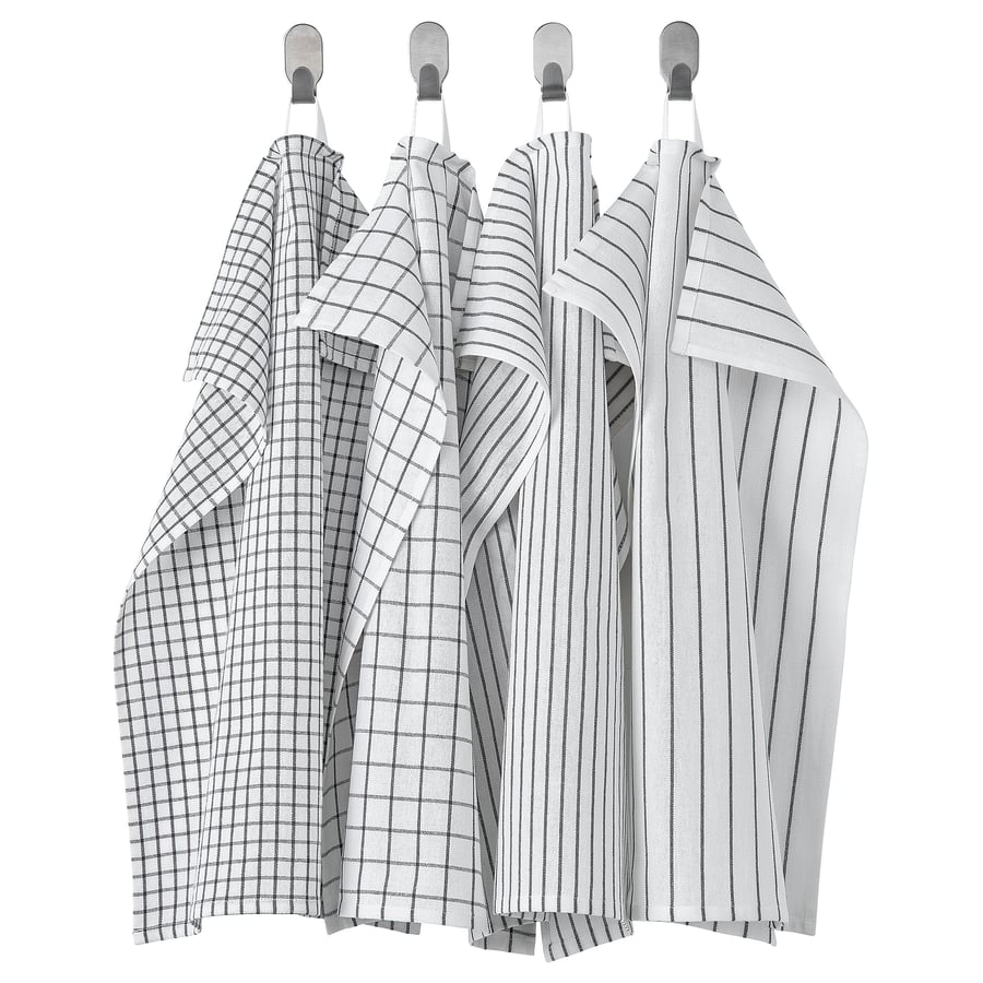 RINNIG Dish towel, white/dark gray/patterned18x24 "