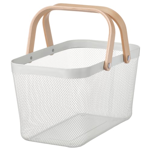 A white RISATORP basket with wooden handles and metal accents. Its rectangular and mesh-sided, ideal for storage and organisation.