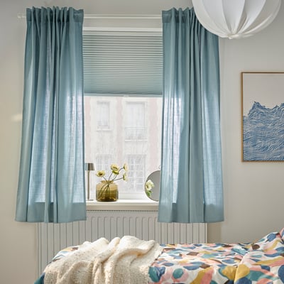 RITVA Curtains with tie-backs, 1 pair, gray-blue/with heading tape, 57x65 "