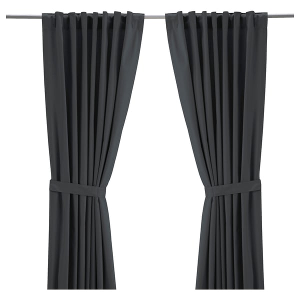 RITVA Curtains with tie-backs, 1 pair, gray/with heading tape, 57x98 "