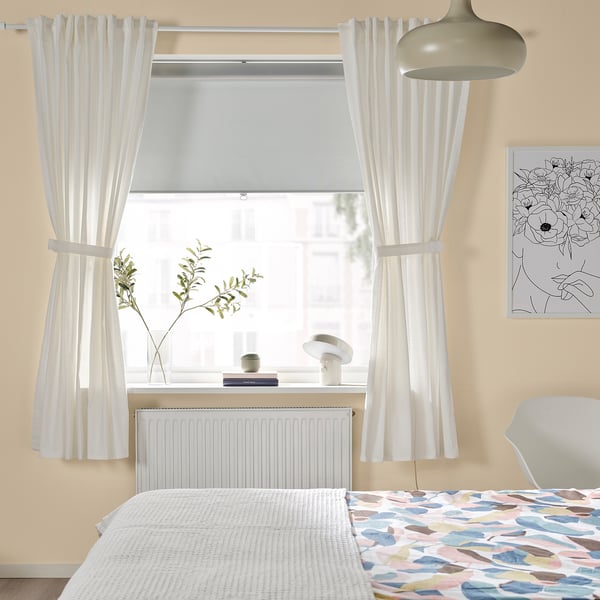 RITVA Curtains with tie-backs, 1 pair, white/with heading tape, 57x65 "