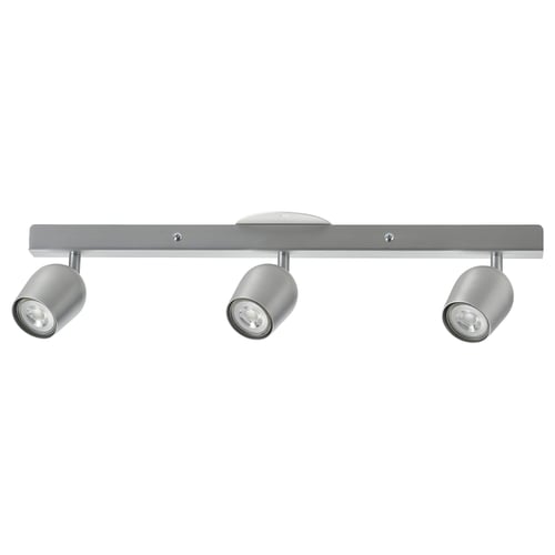 Silver ceiling spotlight, RÖKFRI, 3 adjustable lights on metal bar.