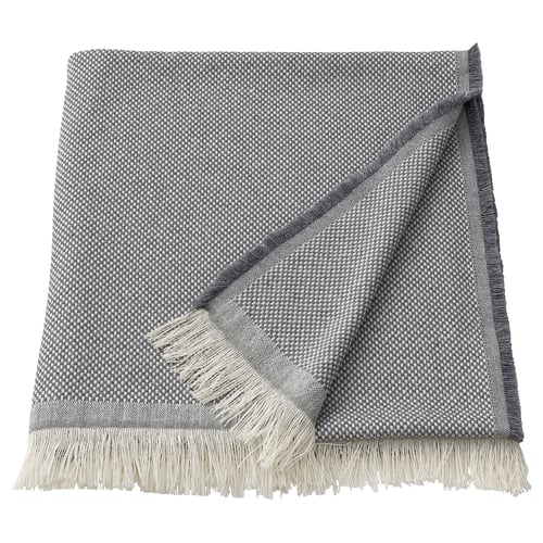 RÖNNBÄRSMAL grey throw, textured, fringed edges, soft cotton-polar blend.