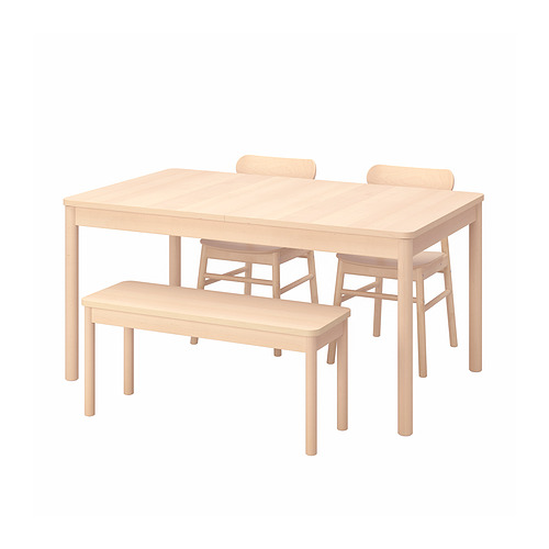 Light wood dining set with table, two chairs, and bench; minimalist design.