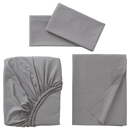 Set of grey bed linens: 1 flat sheet, 1 fitted sheet, 2 pillowcases. Crisp cotton percale, elastic edges, elegant double-fold hem.