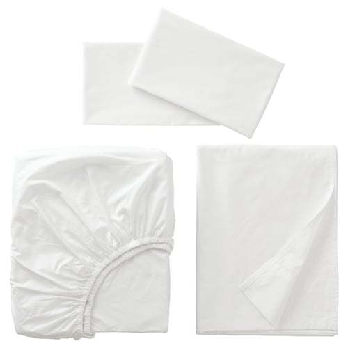 White RÖNNVECKMAL bed linens: flat, fitted sheet, and pillowcases, crisp cotton percale, elastic edges.