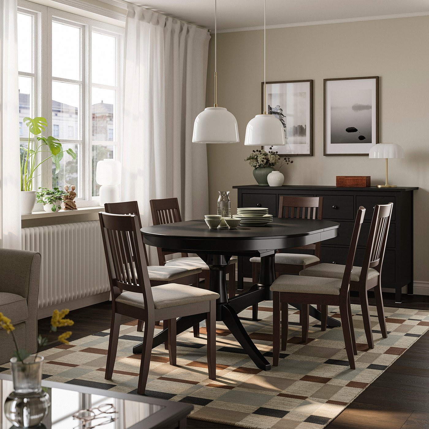 ROSENTORP / NÄSINGE table and 6 chairs, black/Kilanda light beige
