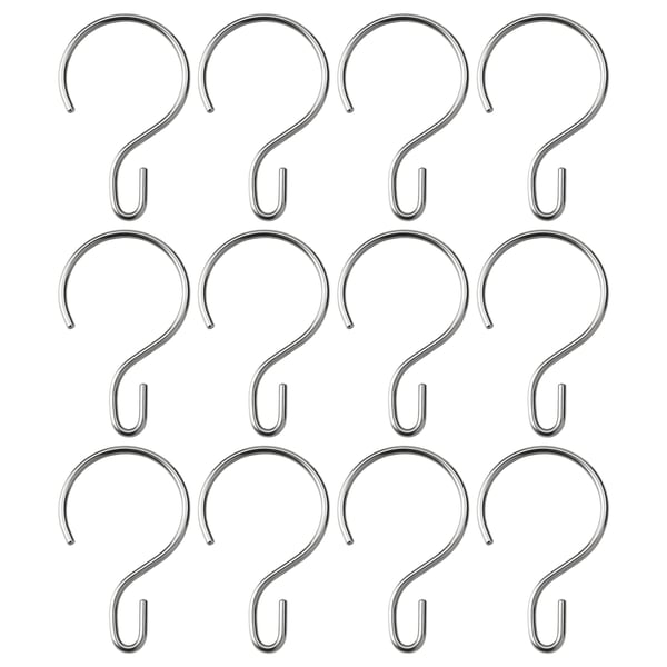 Twelve silver metal hooks, arranged in four rows and three columns, each shaped like a question mark.