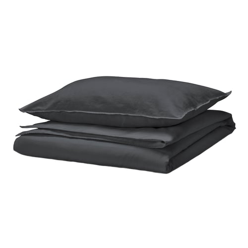RUNDHAGTORN bedding set in dark grey, featuring folded duvet and pillow with envelope closure. Made from breathable linen and cotton for comfort.